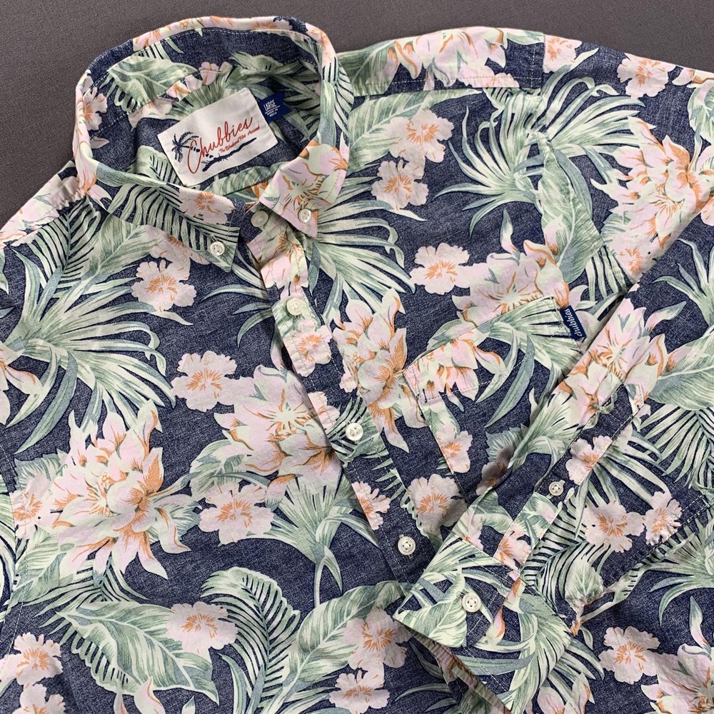 Chubbies Shirt Mens Large Blue Floral Hawaiian Button Down Long Sleeve Stretch